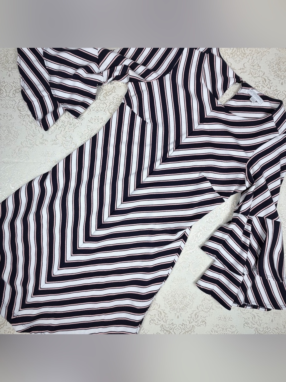 New York & Co. Black, White & Pink Striped Dress, Ruffle Sleeves, Medium